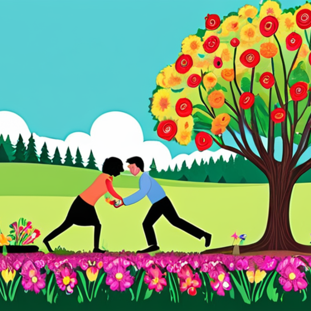 **
A vibrant digital illustration depicting a tug-of-war between a lush, green tree (representing blog marketing and long-term growth) and a bouquet of brightly colored but wilting cut flowers (representing performance marketing and short-term gains). The background shows a divided landscape; one side is a thriving forest and the other is a field of fading blossoms. The overall tone is informative but slightly whimsical.
**