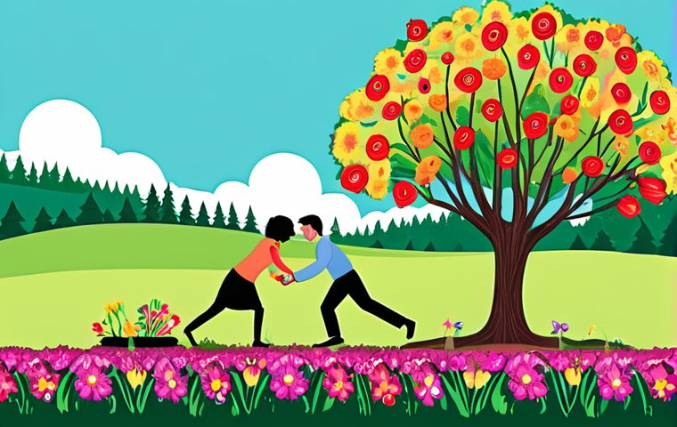 **
A vibrant digital illustration depicting a tug-of-war between a lush, green tree (representing blog marketing and long-term growth) and a bouquet of brightly colored but wilting cut flowers (representing performance marketing and short-term gains). The background shows a divided landscape; one side is a thriving forest and the other is a field of fading blossoms. The overall tone is informative but slightly whimsical.
**