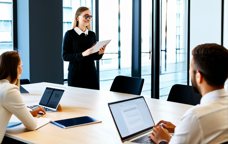 AI-Powered Marketing Efficiency**

A bright, modern office scene. A marketing professional is using an AI-powered content creation tool on a large monitor. The interface displays options for generating blog posts and social media captions. The professional is smiling and engaged, appearing efficient and productive. Fully clothed in appropriate business attire. Safe for work. Perfect anatomy, correct proportions, well-formed hands. The overall image conveys innovation and efficiency. Professional, family-friendly, and appropriate content.

**