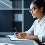 블로그 마케팅 트렌드 변화 분석 - **Prompt:** A modern, professional content creator (man or woman, 30s-40s) seated comfortably at a s...