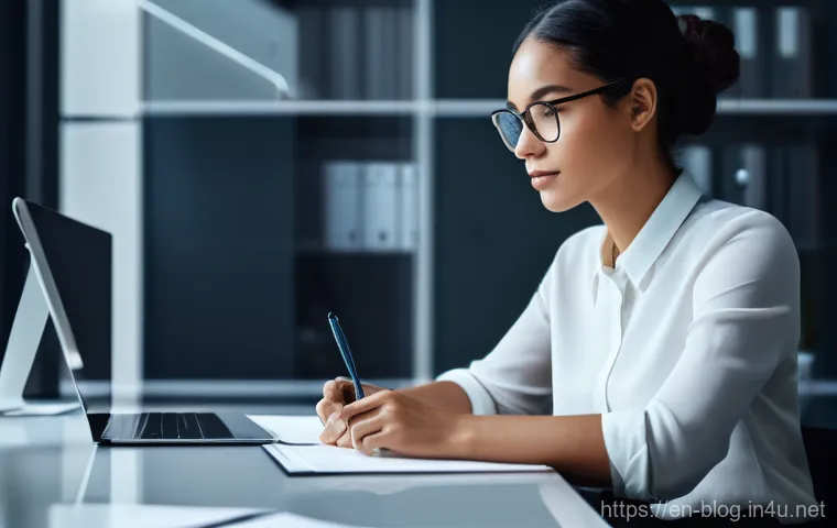 블로그 마케팅 트렌드 변화 분석 - **Prompt:** A modern, professional content creator (man or woman, 30s-40s) seated comfortably at a s...