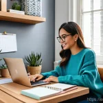 블로그 마케터를 위한 시간 관리 비법 - **Productive Content Creator with Organized Workspace:**
"A vibrant and warmly lit indoor scene,...