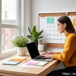 블로그 마케팅에서 콘텐츠 업데이트 주기 - A cozy, modern home office scene with a diverse adult blogger sitting at a sleek desk, typing on a l...