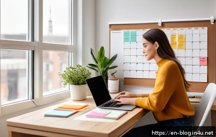 블로그 마케팅에서 콘텐츠 업데이트 주기 - A cozy, modern home office scene with a diverse adult blogger sitting at a sleek desk, typing on a l...