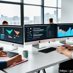 블로그 마케팅 실패 사례와 교훈 - A modern marketing team in a bright, open office space actively analyzing audience data on multiple ...