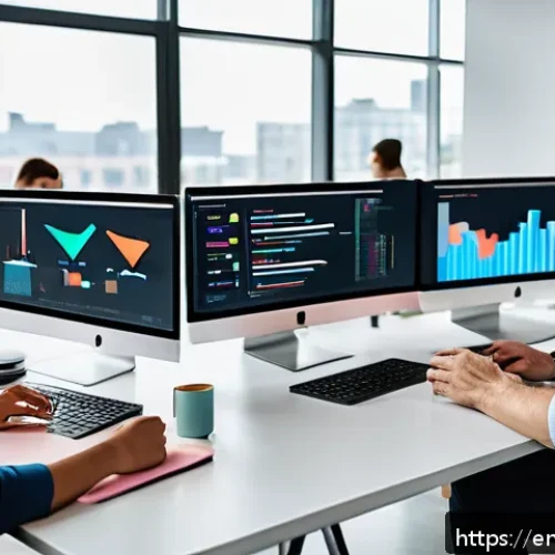 블로그 마케팅 실패 사례와 교훈 - A modern marketing team in a bright, open office space actively analyzing audience data on multiple ...