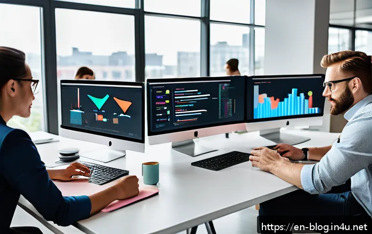블로그 마케팅 실패 사례와 교훈 - A modern marketing team in a bright, open office space actively analyzing audience data on multiple ...